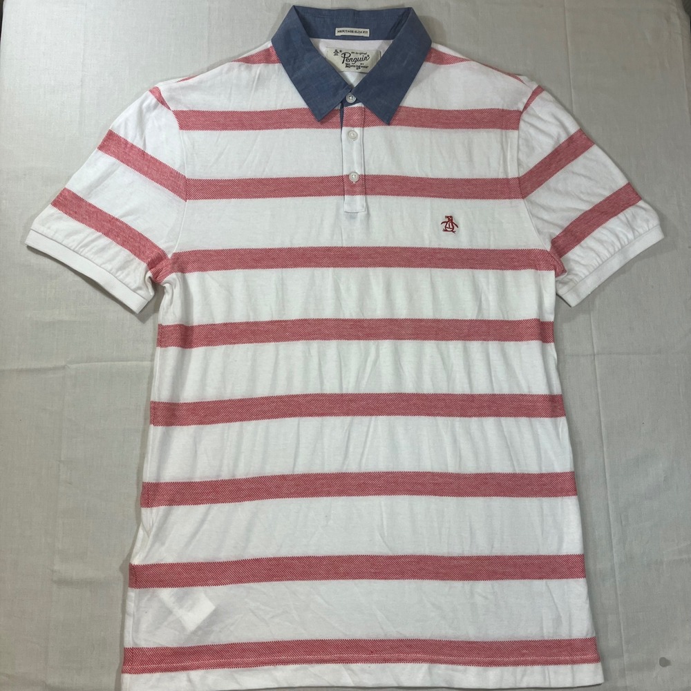 Original Penguin Mens Heritage Slim Fit Striped Polo Shirt Red White Blue OP3988